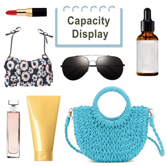 Mini Semi-Circle Rattan Straw Handbag, Summer Retro Straw Tote xD - Picture 5 of 7